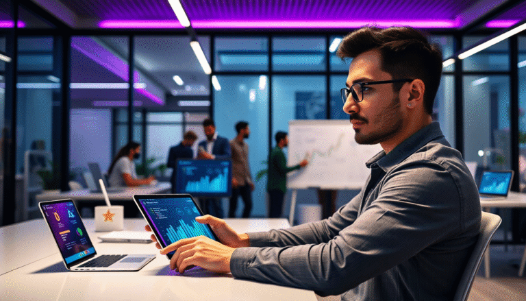 Um homem jovem, usando óculos e uma camisa social cinza, observa atentamente um tablet enquanto está sentado em uma mesa em um escritório moderno. Ao fundo, outras pessoas discutem e interagem, com gráficos e dados visíveis em seus monitores. A iluminação do ambiente é suave, com um toque de luz roxa, criando um ambiente de trabalho contemporâneo e colaborativo.