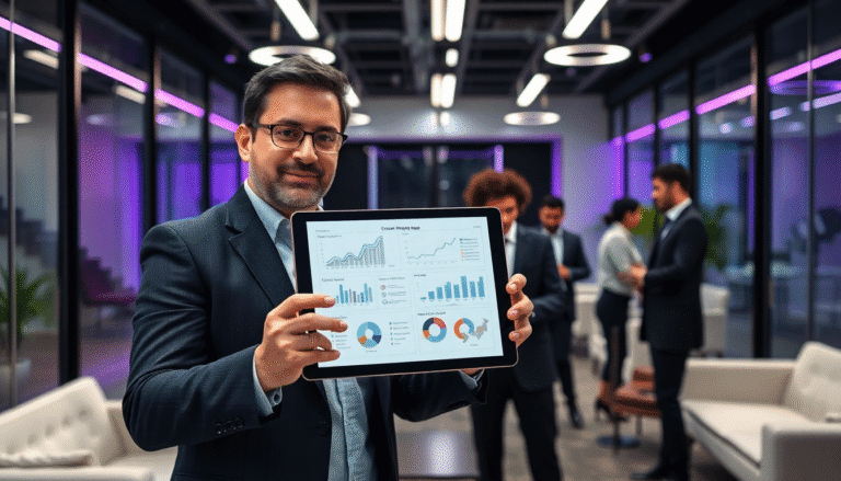 Um homem de terno e óculos sorri enquanto segura um tablet com gráficos e dados em uma sala de escritório moderna, iluminada com luzes em tons de roxo. Ao fundo, outros profissionais conversam e trabalham em um ambiente corporativo sofisticado.