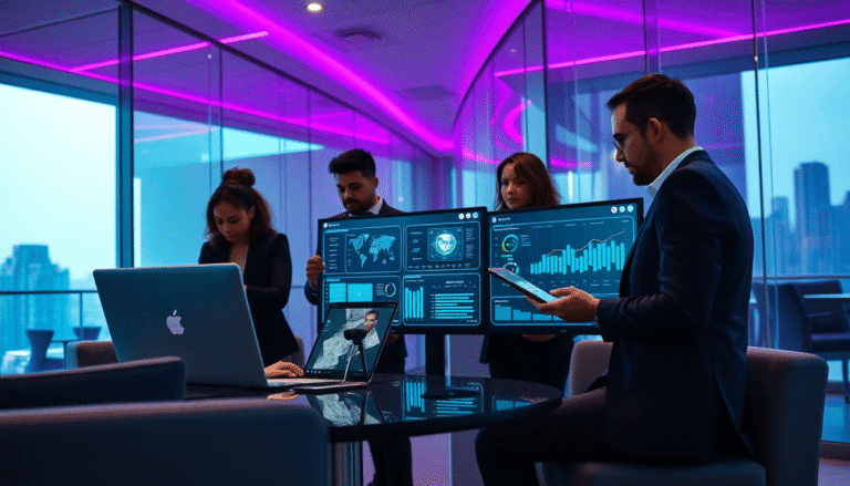 Em um ambiente de escritório moderno, cinco profissionais discutem atentamente dados e projetos. Uma mulher está em frente a um laptop, enquanto os outros seguram telas com gráficos e mapas. O ambiente é iluminado por luzes neon rosa, criando uma atmosfera sofisticada. Grandes janelas ao fundo oferecem uma vista urbana, ressaltando a modernidade do espaço. A equipe parece estar envolvida em uma análise intensa, refletindo um ambiente de colaboração e inovação.