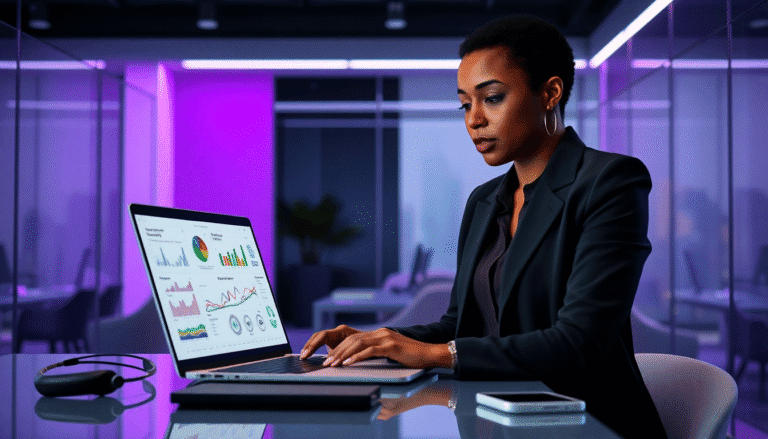 Uma profissional está concentrada em seu trabalho em um ambiente de escritório moderno. Ela está sentada à mesa, digitando em um laptop que exibe gráficos e dados analíticos. O ambiente é iluminado por luzes em tons de roxo, criando uma atmosfera contemporânea. Ao lado do laptop, há um par de fones de ouvido e um smartphone, sugerindo que ela pode estar multitarefando. A mulher, com cabelo curto e bem arrumado, veste um blazer preto, transmitindo uma imagem de seriedade e profissionalismo.
