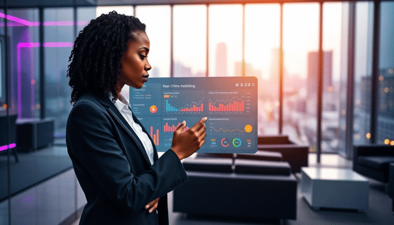 Uma mulher com cabelos cacheados, vestindo um terno escuro, está analisando dados em uma tela holográfica de marketing em tempo real. O fundo apresenta um ambiente moderno de escritório, com grandes janelas que mostram um skyline urbano ao pôr do sol, iluminado com tons laranja e rosa. As informações na tela incluem gráficos e estatísticas, evidenciando a análise de dados de marketing.
