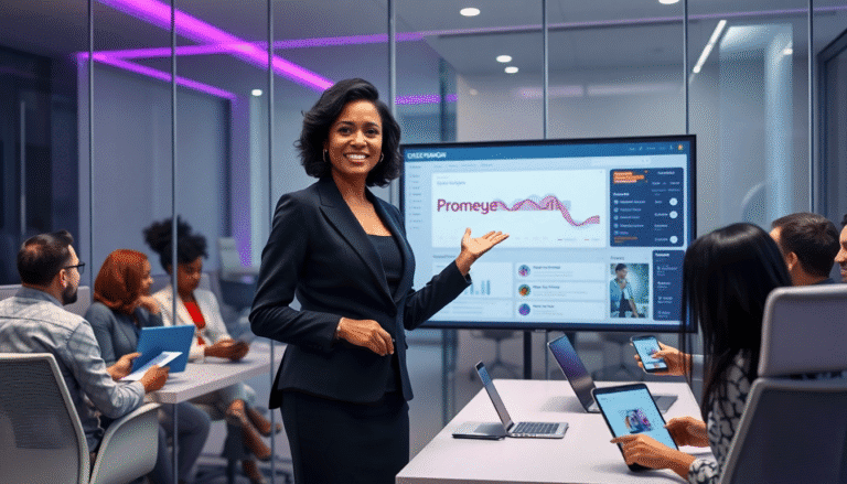Em uma sala de reunião moderna, uma mulher confiante e bem vestida está de pé ao lado de um grande monitor exibindo dados e gráficos. Ela sorri enquanto aponta para a tela, que mostra uma apresentação sobre um projeto chamado "Promeye". Ao fundo, um grupo diversificado de profissionais está sentado à mesa, utilizando laptops e dispositivos móveis, demonstrando atenção e interesse nas informações apresentadas. A sala é iluminada com luzes de LED em tons de roxo, criando um ambiente contemporâneo e dinâmico.