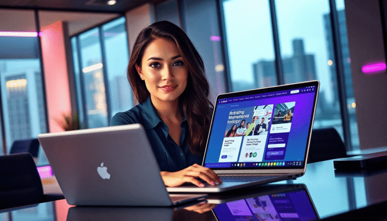 Uma mulher sorridente está sentada em um ambiente de escritório moderno, com um laptop prateado aberto à sua frente. Ela usa uma camisa azul e parece confiante enquanto observa a tela do laptop, que exibe um site com designs e imagens de pessoas. A iluminação da sala é suave e contemporânea, com grandes janelas ao fundo mostrando uma vista urbana. A mesa reflete a luz, criando um ambiente elegante e profissional.