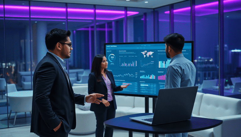 Três profissionais em um ambiente moderno de escritório discutem dados em uma tela grande de monitor. Um homem de terno escuro gesticula enquanto explica, enquanto uma mulher ao seu lado observa atentamente, com a mão levantada como se estivesse prestes a intervir. Um terceiro homem, de camisa clara, está de costas, focado nas informações apresentadas na tela, que exibe gráficos e mapinhas coloridos e detalhados. O cenário é iluminado por luzes de néon roxas e grandes janelas que mostram um panorama urbano à noite. Um laptop está posicionado sobre a mesa ao lado dos profissionais.