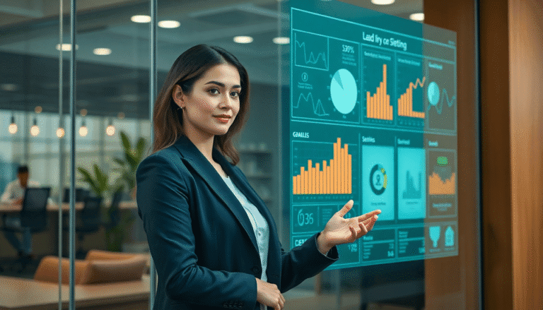 Uma profissional de negócios está em uma sala moderna, em frente a uma tela digital que exibe gráficos e dados analíticos. Ela usa um traje formal, com um sorriso confiante, enquanto aponta para as informações na tela. Ao fundo, pode-se ver colegas de trabalho em um ambiente de escritório bem iluminado e equipado com mobiliário contemporâneo.