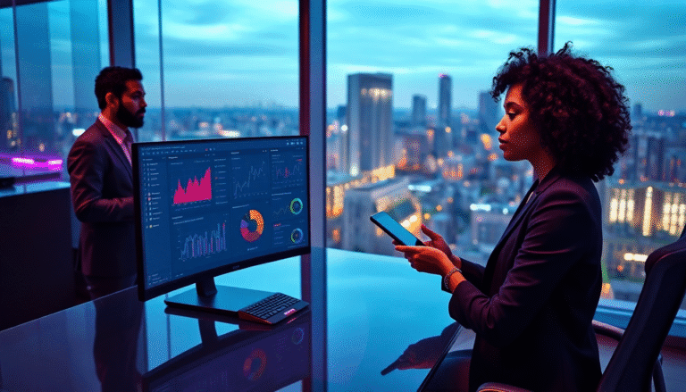 Uma mulher elegante com cabelos cacheados está sentada em um escritório moderno, segurando um smartphone e observando dados em um monitor à sua frente. O display exibe gráficos e análises coloridas, enquanto ao fundo, um homem em terno observa a cidade iluminada através das janelas grandes. O ambiente é iluminado por luzes suaves, criando uma atmosfera contemporânea e profissional.