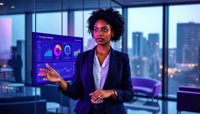 Uma profissional apresenta dados de marketing digital em uma tela interativa dentro de um escritório moderno, com grandes janelas que oferecem vista para a cidade. Ela veste um terno elegante e parece confiante, gesticulando enquanto discute informações representadas em gráficos coloridos e tabelas. O ambiente é contemporâneo, com móveis de design e uma atmosfera que sugere inovação e colaboração.