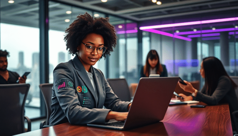 Uma mulher com cabelo cacheado e óculos está concentrada em seu laptop em uma sala de reuniões moderna, com janelas largas que oferecem uma vista da cidade ao fundo. Ela usa um blazer cinza com várias insígnias coloridas. Ao fundo, outras pessoas estão engajadas em conversas e usando dispositivos móveis, criando um ambiente dinâmico e colaborativo. A sala é iluminada de forma contemporânea, com luzes em tons de roxo.