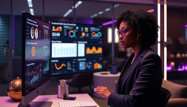 Uma mulher sentada em uma mesa de escritório moderna, analisando gráficos e dados em grandes monitores. Ela usa um terno escuro e óculos, e parece concentrada nas informações exibidas nas telas, que mostram diversos gráficos de desempenho e estatísticas. O ambiente é bem iluminado, com elementos de decoração contemporânea ao fundo. Uma pequena mesa com um recipiente metálico está próxima a ela, complementando o cenário profissional.