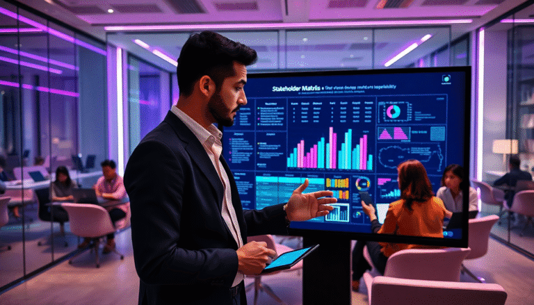 Um profissional de terno está apresentando dados em uma sala de reuniões moderna, focando em um grande display de tela digital. O gráfico exibe informações com várias barras coloridas e gráficos, enquanto outras pessoas ao fundo estão engrossadas em seus laptops e conversas. A iluminação é suave, com toques de roxo, criando uma atmosfera contemporânea e colaborativa.