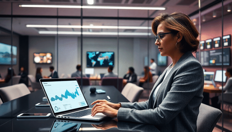 Uma mulher em um ambiente de escritório moderno está concentrada em seu laptop, que exibe gráficos e dados em um relatório. Ao fundo, pode-se ver uma sala de reunião com várias pessoas em discussão, com telas exibindo informações visuais. O design do ambiente é contemporâneo, com iluminação suave e mobiliário elegante. A mulher usa um terno cinza e óculos, transmitindo uma imagem profissional e focada.