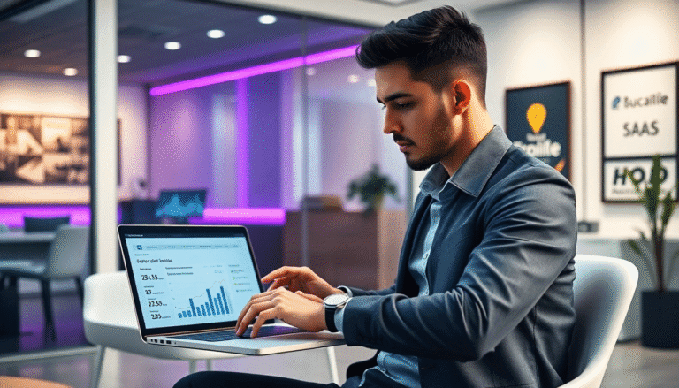 Um jovem profissional está sentado em uma cadeira moderna, concentrado em seu laptop aberto, onde gráficos e dados são exibidos na tela. Ele veste uma camisa social e um blazer, em um ambiente de escritório bem iluminado que apresenta um design contemporâneo, com detalhes em neon. Ao fundo, há uma mesa, cadeiras e paredes decoradas com quadros, sugerindo um espaço de trabalho dinâmico e colaborativo.