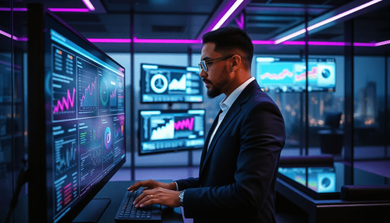 Um profissional de negócios, vestido formalmente com um terno escuro e óculos, está concentrado em diferentes telas de monitor que exibem gráficos e dados financeiros em um ambiente moderno de escritório. O espaço é iluminado com luzes neon em tons de rosa, criando uma atmosfera tecnológica e sofisticada. A vista da cidade pode ser vista através das janelas ao fundo, sugerindo um escritório em um andar alto.