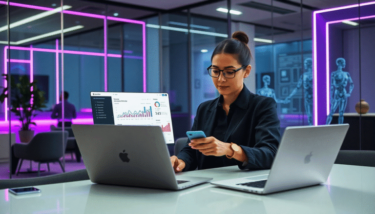 Uma profissional com óculos está sentada à mesa em um escritório moderno e bem iluminado. Ela utiliza um smartphone enquanto observa gráficos e dados em duas telas de laptop, com um design minimalista. O ambiente é realçado por luzes de néon roxas, criando uma atmosfera contemporânea. Ao fundo, é possível ver um colega trabalhando em outra mesa. A cena transmite uma sensação de foco e produtividade em um ambiente corporativo.