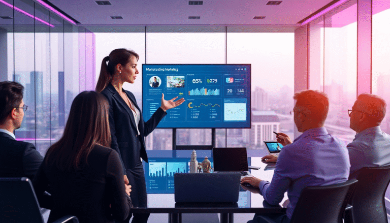 Uma apresentação em um moderno ambiente corporativo, onde uma mulher em traje formal está de pé, gesticulando enquanto fala. Ela se dirige a um grupo de quatro pessoas sentadas à mesa, que estão assistindo atentamente. Na parede atrás dela, uma tela grande exibe gráficos e dados relacionados a marketing. A sala é iluminada por luz natural, com janelas amplas que oferecem uma vista panorâmica da cidade. O ambiente reflete um clima profissional e inovador.