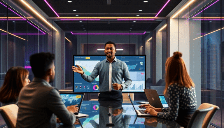 Uma reunião em uma sala moderna e bem iluminada, onde um profissional apresenta gráficos e métricas em uma tela grande. Ele está de pé, gesticulando enquanto fala, e é observado por três colegas sentados à mesa. Os participantes estão usando laptops e parecem envolvidos na apresentação. O ambiente é elegante, com paredes de vidro e iluminação em tons de azul e rosa.
