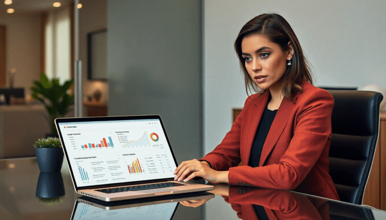 Uma mulher está sentada em uma mesa de escritório, olhando atentamente para a tela de um laptop. Ela usa um blazer laranja e tem cabelo solto, com um olhar concentrado. O laptop exibe gráficos e dados, sugerindo uma análise de desempenho ou relatórios financeiros. Ao fundo, há uma planta decorativa e um ambiente de escritório moderno e bem iluminado.