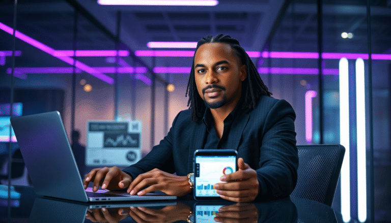Em um ambiente de escritório moderno e iluminado com luzes neon roxas, um homem sentado à mesa foca em seu laptop e segura um smartphone com gráficos e dados de desempenho. Ele veste um terno escuro e parece concentrado em seu trabalho. Ao fundo, notas de análise financeira e gráficos estão visíveis em uma tela, refletindo um espaço de trabalho dinâmico e tecnológico.