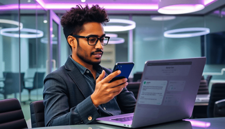 Um homem com cabelo cacheado e óculos, vestido com um terno escuro, está concentrado em seu smartphone enquanto usa um laptop em uma sala de reuniões moderna. As luzes do ambiente têm um tom roxo suave, criando uma atmosfera contemporânea. O laptop exibe gráficos e mensagens, sugerindo que ele está envolvido em trabalho ou comunicação profissional.