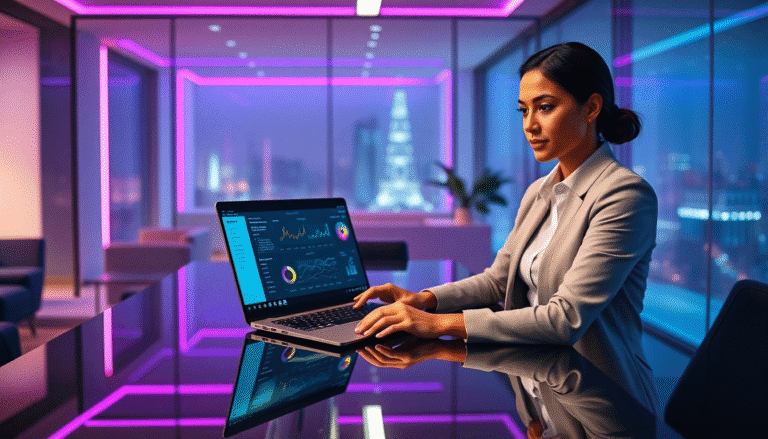 Uma mulher em trajes formais está sentada em uma mesa moderna e elegante, usando um laptop que exibe gráficos e dados em uma tela. O ambiente ao seu redor é contemporâneo, com iluminação em tons de rosa e uma vista da cidade ao fundo, visível através de janelas grandes. A atmosfera é sofisticada e profissional, sugerindo um espaço de trabalho dinâmico e tecnológico.