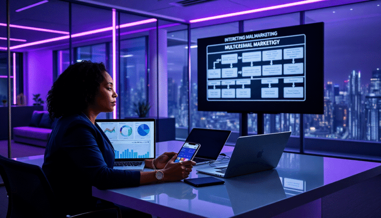 Uma profissional está sentada em um ambiente de escritório moderno, com iluminação em tons de roxo. Ela analisa informações em um laptop, enquanto segura um smartphone na mão. Na mesa, há também um tablet e gráficos visíveis na tela do laptop, refletindo dados de marketing. Ao fundo, uma grande tela exibe um fluxograma, sugerindo uma apresentação sobre marketing digital. A cidade iluminada é visível através das janelas, dando um toque vibrante ao cenário.