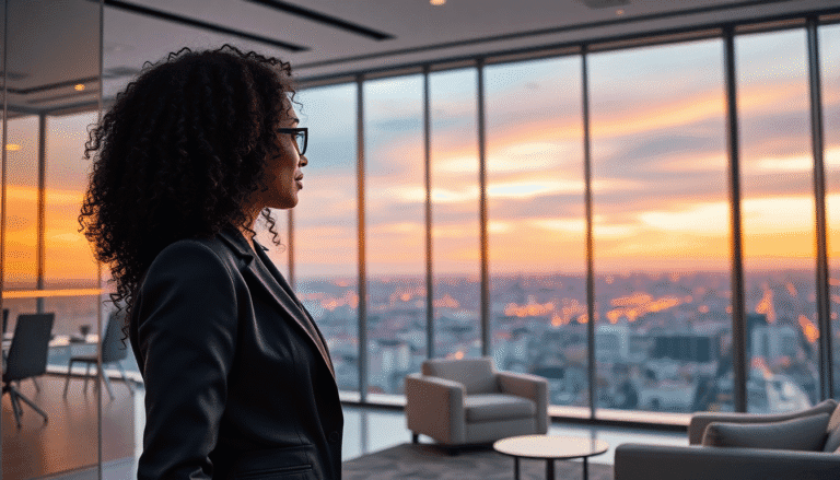 Imagem de uma mulher com cabelos cacheados, usando um blazer, olhando pela grande janela de um escritório moderno. Ao fundo, vê-se um belo pôr do sol que ilumina a cidade abaixo, com prédios e luzes visíveis. O ambiente é minimalista e elegante, com sofás e mesas visíveis na sala.