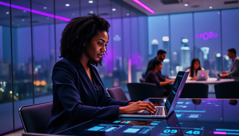 Uma mulher com cabelo crespo e volumoso está sentada em uma mesa moderna, usando um terno escuro e digitando em um laptop. O ambiente é iluminado com luzes neon roxas e há janelas grandes ao fundo, proporcionando uma vista noturna de uma cidade iluminada. Outras pessoas estão ao fundo, também utilizando laptops em um espaço de trabalho colaborativo. A atmosfera é tecnológica e contemporânea, refletindo um ambiente de negócios dinâmico.