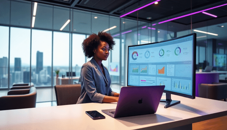 Uma mulher com cabelo afro está sentada em uma mesa moderna em um escritório com grandes janelas que oferecem uma vista da cidade. Ela está concentrada em um monitor curvo que exibe gráficos e dados analíticos, enquanto um laptop e um smartphone estão em sua mesa. O ambiente é iluminado por luzes de néon, criando uma atmosfera contemporânea e profissional.