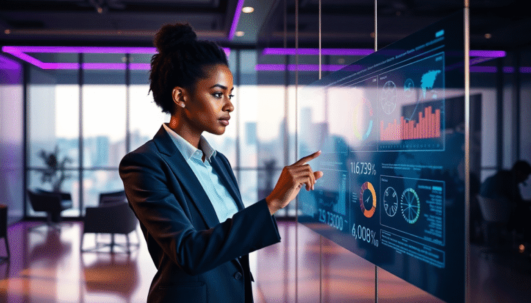 Uma mulher de perfil executivo, vestindo um blazer escuro, interage com uma tela digital em um ambiente moderno de escritório. A tela exibe diversos gráficos e dados analíticos, indicando informações financeiras com elementos visuais coloridos. Ao fundo, pode-se ver uma vista urbana através de janelas amplas, e a iluminação do espaço é realçada por luzes em tons roxos.
