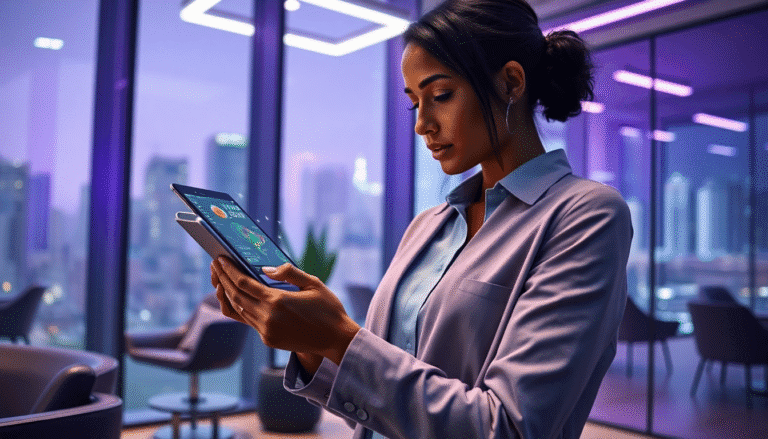 Uma mulher em um ambiente de escritório moderno e iluminado, segurando um tablet enquanto observa gráficos e informações na tela. Ao fundo, pode-se ver uma cidade com prédios, sob uma iluminação suave ao entardecer. Ela está vestindo uma camisa clara e um blazer, em um momento de concentração e análise.