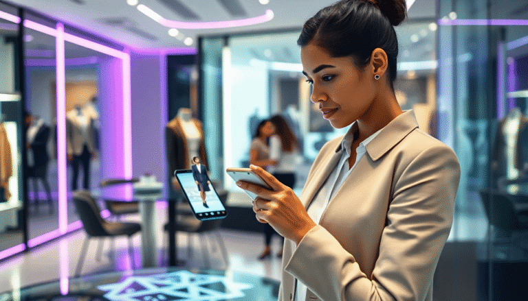 Uma mulher elegante está em uma loja de moda moderna, analisando uma imagem de um traje em seu smartphone. Ela está vestida com um blazer claro e parece concentrada enquanto observa o modelo digital na tela. Ao fundo, pode-se ver manequins exibindo roupas sofisticadas em um ambiente iluminado com luzes neon em tons de roxo. A atmosfera é contemporânea e estilizada, refletindo um espaço dedicado à moda.