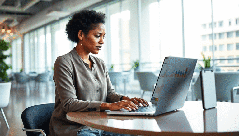 Uma mulher com cabelo cacheado e curto está sentada em uma mesa em um ambiente moderno e iluminado. Ela usa uma camisa clara e está concentrada enquanto digita em um laptop, que exibe gráficos e dados. Ao lado do laptop, há um smartphone. O espaço ao redor mostra uma atmosfera de escritório contemporâneo, com mesas e cadeiras.