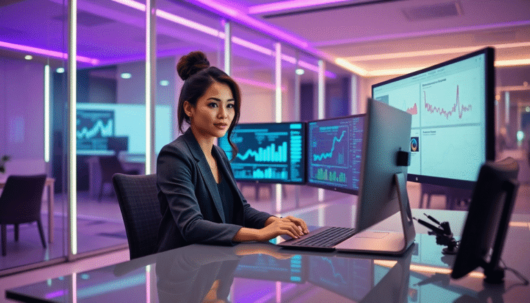Uma profissional está sentada em uma mesa de trabalho moderna, usando um traje elegante. Ela está concentrada em seu laptop, enquanto três monitores à sua frente exibem gráficos e dados financeiros. A iluminação do ambiente é suave, com tons de roxo, criando uma atmosfera contemporânea e tecnológica. O fundo apresenta um espaço de escritório bem projetado, sugerindo um ambiente dinâmico e produtivo.