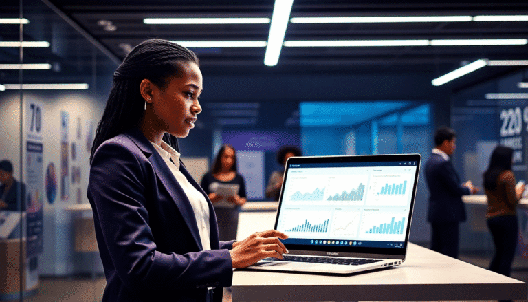 Uma mulher em trajes formais observa atentamente um laptop em uma mesa. A tela exibe gráficos e dados analíticos. Ao fundo, outras pessoas estão envolvidas em atividades de trabalho em um ambiente moderno e iluminado. A atmosfera reflete um espaço de escritório colaborativo e dinâmico.