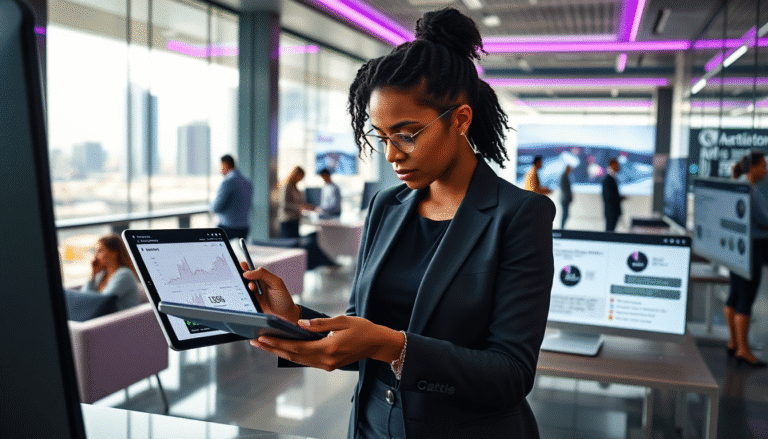 Uma mulher de negócios usa um tablet, analisando gráficos e dados financeiros em um ambiente moderno de escritório. Ela está vestida com um terno preto e óculos, mostrando concentração e foco. Ao fundo, outras pessoas também trabalham em um ambiente com janelas grandes, proporcionando uma vista da cidade, e há telas exibindo informações e gráficos em mesas ao redor. O espaço é iluminado de maneira contemporânea, com luzes em tons de roxo.