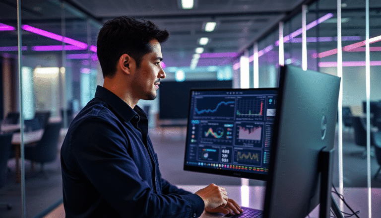 Um profissional analisa dados em um ambiente de escritório moderno. Ele está concentrado à frente de um computador, onde gráficos e indicadores financeiros são exibidos em uma tela. O espaço é iluminado com luzes em tons de roxo, criando uma atmosfera sofisticada e contemporânea. A cena sugere um foco na análise de dados e na tomada de decisões estratégicas.