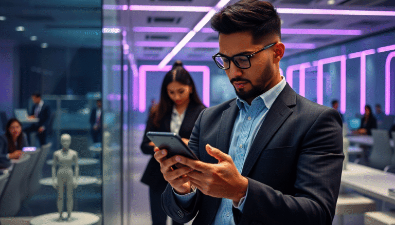 Um homem com óculos e um terno escuro está concentrado em seu smartphone em um escritório moderno. Ao fundo, outras pessoas estão em atividade, algumas trabalhando em laptops. Há uma figura de um modelo humano ao centro, e o ambiente é iluminado com luzes modernas em tons de roxo. O espaço é minimalista e sofisticado, sugerindo um ambiente de trabalho inovador.