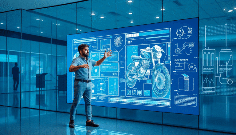 Um homem está em um ambiente moderno e iluminado, interagindo com uma grande tela digital. A tela exibe um conjunto de informações e diagramas em azul, com foco em uma motocicleta. O homem gesticula enquanto explica ou apresenta os dados, que incluem detalhes técnicos e gráficos. Ao fundo, é possível ver uma silhueta de outra pessoa e um ambiente com paredes de vidro, sugerindo um espaço corporativo ou tecnológico.