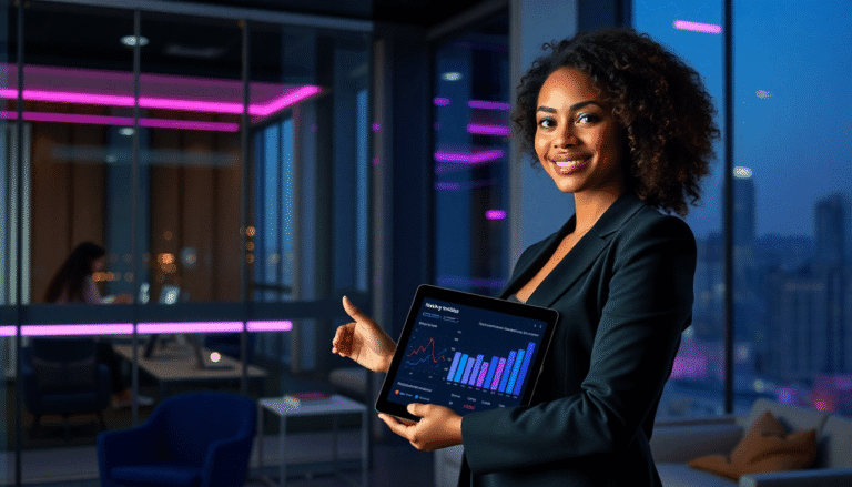 Uma mulher com cabelo crespo e volumoso sorri enquanto segura um tablet que exibe gráficos coloridos e dados de desempenho. Ela está vestida com um blazer escuro e está em um ambiente moderno de escritório, com janelas amplas que mostram a cidade ao fundo à noite. Luzes rosa iluminam o espaço, criando uma atmosfera vibrante e profissional. Ao fundo, outra pessoa trabalha em um computador em uma mesa, sugerindo um ambiente colaborativo.