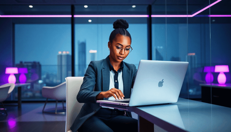 Uma mulher sentada em uma mesa moderna, concentrada em um laptop. Ela usa um terno formal e óculos, com o cabelo preso em um coque. O ambiente de escritório é elegante, com janelas grandes mostrando uma vista da cidade à noite. Luminárias de luz roxa decoram o espaço, criando uma atmosfera contemporânea e sofisticada.