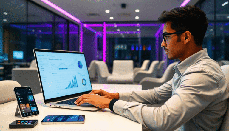 Um jovem, de perfil, está em um ambiente de escritório moderno e bem iluminado, com luzes de néon rosa ao fundo. Ele está concentrado, digitando em um laptop que exibe gráficos e dados analíticos. Em sua mesa, há também dois smartphones, um dos quais está em um suporte, mostrando aplicativos ativos. O espaço ao redor é decorado com sofás e mesas, reforçando um ambiente de trabalho contemporâneo e colaborativo.