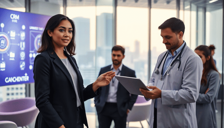 Um ambiente de escritório moderno com grandes janelas que oferecem uma vista da cidade. Em primeiro plano, uma mulher vestindo um blazer escuro, sorrindo e gesticulando em direção ao grupo. Ao lado dela, um médico em branco está segurando um tablet e lendo informações, enquanto outros dois profissionais, um homem e uma mulher, observam. Ao fundo, uma tela exibe gráficos e ícones relacionados a tecnologia e gestão. A atmosfera é de colaboração e inovação.