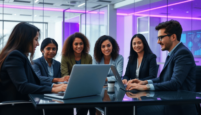 Um grupo diversificado de seis profissionais está reunido em uma sala de conferências moderna, com paredes de vidro e iluminação em tons de roxo. Eles estão sentados em torno de uma mesa de vidro, focados em um laptop aberto e em uma xícara de café. As expressões dos participantes refletem um ambiente colaborativo, com sorrisos e atenção ao que está sendo discutido. A atmosfera sugere um momento produtivo e criativo de trabalho em equipe.