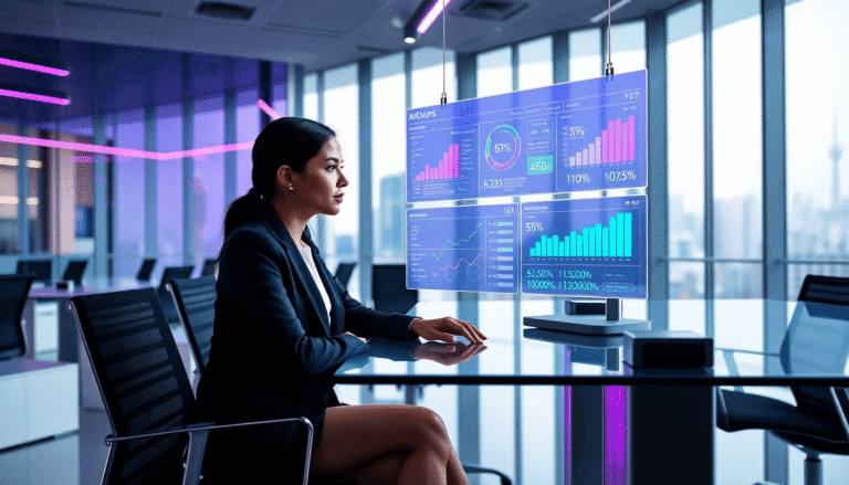 Uma mulher está sentada em uma mesa de escritório moderna, com uma aparência profissional, vestindo um terno escuro. Ela observa atentamente um conjunto de telas holográficas que exibem gráficos e dados estatísticos em um ambiente iluminado por luzes de néon roxas. A vista do escritório mostra uma cidade moderna através de grandes janelas, sugerindo um cenário de alta tecnologia e inovação.
