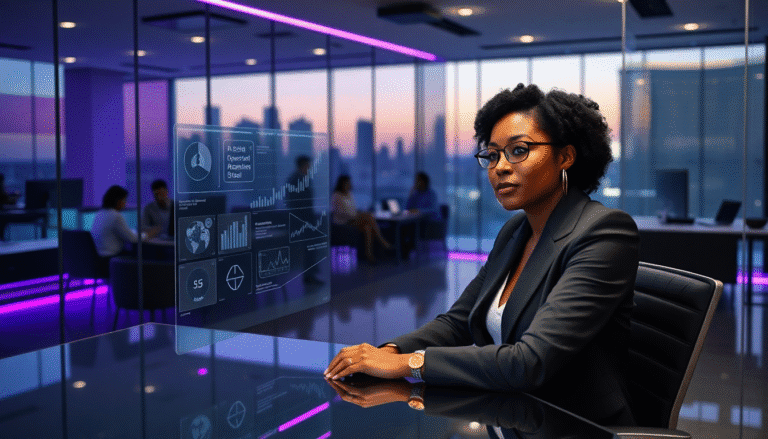 Uma mulher afrodescendente, usando um terno escuro e óculos, está sentada em uma mesa de escritório moderna, com um fundo de grandes janelas que oferecem uma vista da cidade ao entardecer. Na mesa à sua frente, uma tela holográfica exibe gráficos e dados financeiros, enquanto outros colegas trabalham ao fundo. A iluminação é suave, com tons de roxo, criando uma atmosfera elegante e profissional.