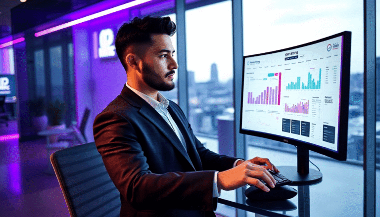 Um profissional bem vestido, sentado em uma cadeira de escritório, está trabalhando em um computador moderno com tela curva. Ele observa gráficos e dados de desempenho de marketing em uma interface sofisticada, enquanto um ambiente iluminado em tons de roxo e azul se destaca ao fundo, sugerindo um escritório contemporâneo e tecnológico. A vista pela janela revela um cenário urbano.
