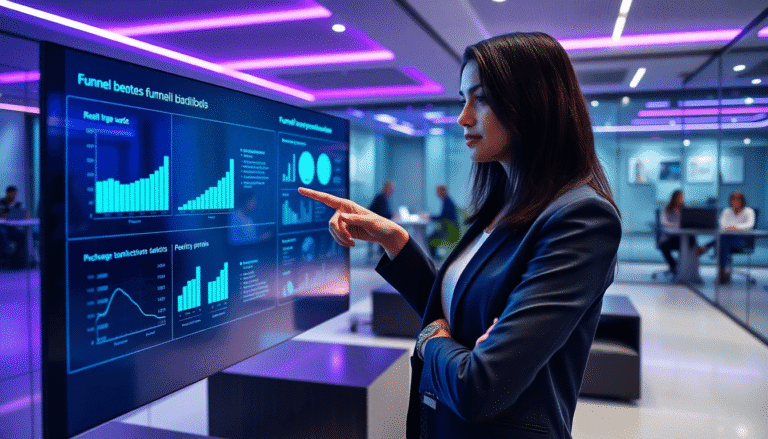 Uma mulher em um traje profissional está analisando gráficos em uma tela digital em um ambiente de escritório moderno. Ela aponta para dados que destacam métricas de desempenho, enquanto ao fundo, colegas conversam em mesas. A iluminação da sala é suave e contemporânea, com toques de luz roxa.