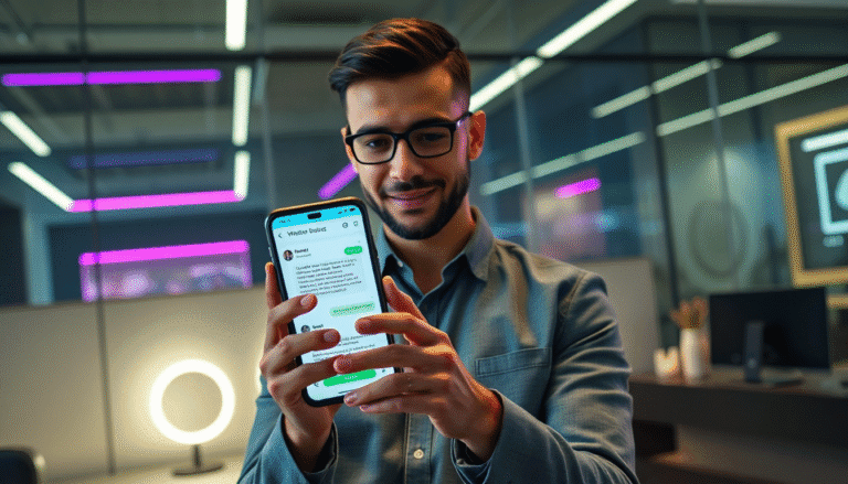 Um jovem homem, com barba e óculos, sorri enquanto segura um smartphone com uma tela exibindo uma conversa de mensagens. Ele está em um ambiente moderno de escritório, com luzes coloridas ao fundo, criando uma atmosfera vibrante. A imagem transmite uma sensação de conexão e interatividade, refletindo o uso da tecnologia para comunicação.
