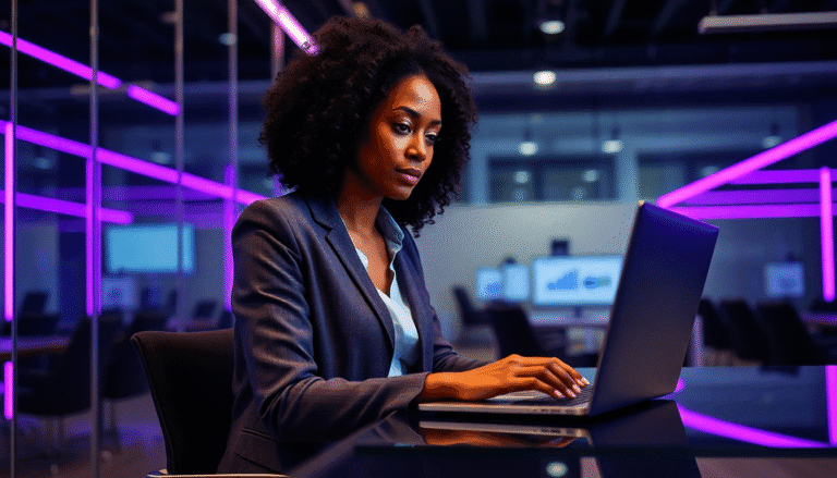 Uma mulher de cabelos crespos usa um terno profissional enquanto trabalha em um laptop em um ambiente iluminado por luzes em neon. Ela está focada na tela, com gráficos e dados visíveis ao fundo, sugerindo que está envolvida em uma tarefa de análise ou planejamento. O cenário possui um design moderno, com uma decoração elegante e futurista, refletindo um ambiente de trabalho contemporâneo.