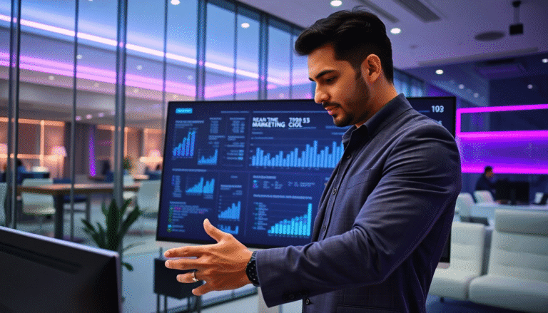 Um profissional em um escritório moderno analisa gráficos digitais em uma tela grande. Ele está vestido com um blazer e parece concentrado em sua tarefa, gesticulando com as mãos enquanto examina os dados sobre marketing em tempo real. O ambiente é bem iluminado, com luzes coloridas ao fundo, sugerindo uma atmosfera dinâmica e tecnológica.
